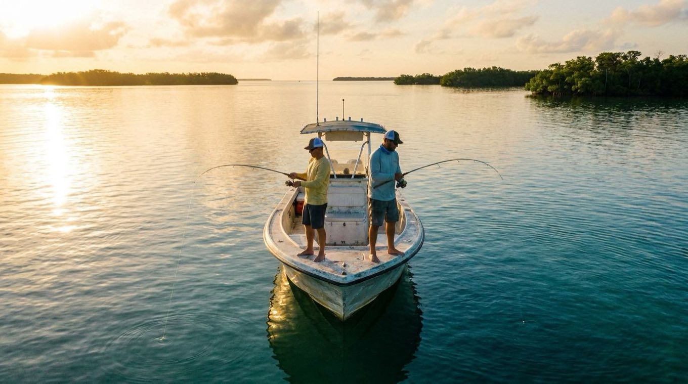 Two anglers hooked up off the bow of a center console among mangrove islands at sunrise