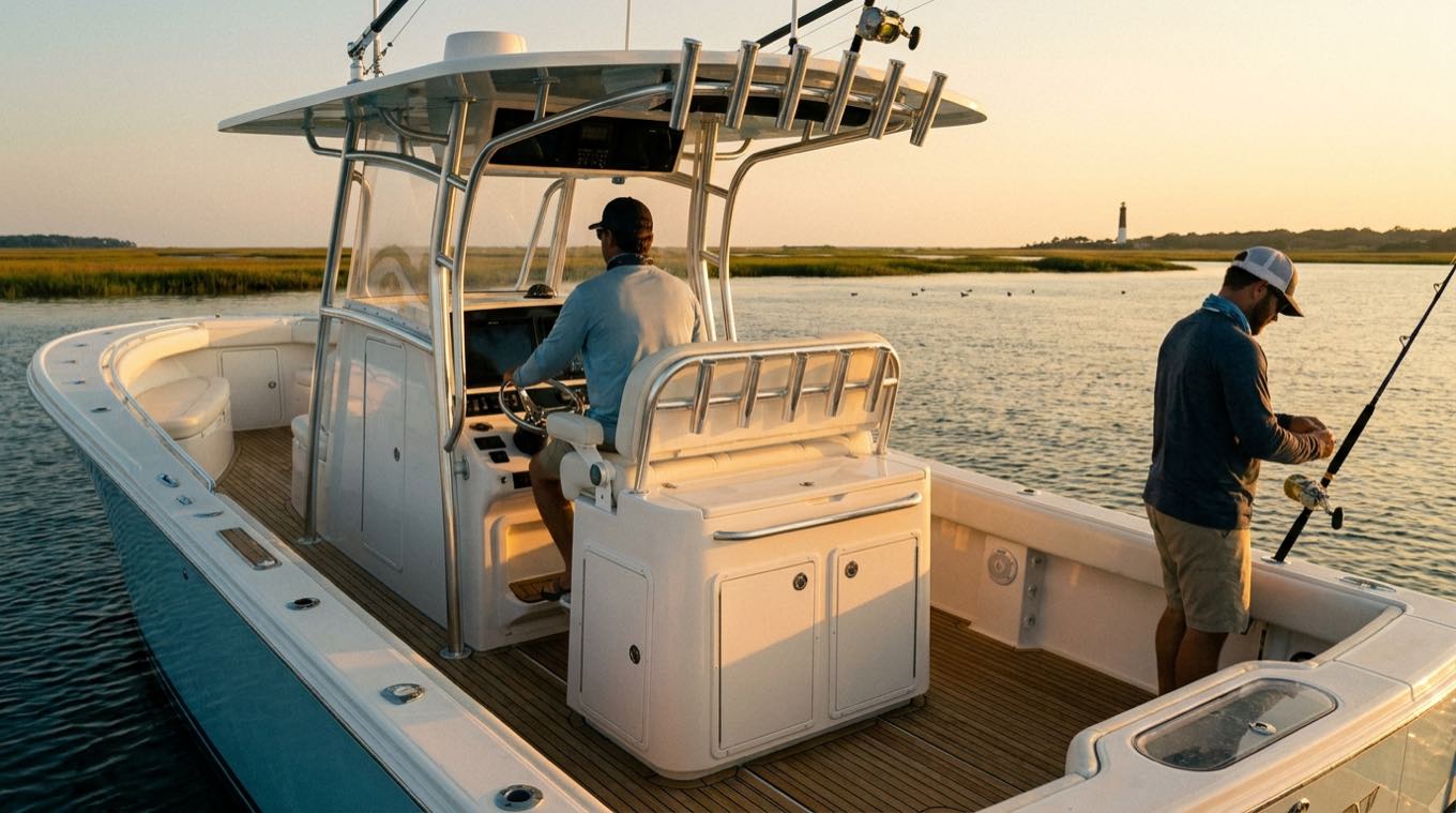 Captain at the helm and a mate rigging a rod at the stern of a center console in golden-hour marsh light
