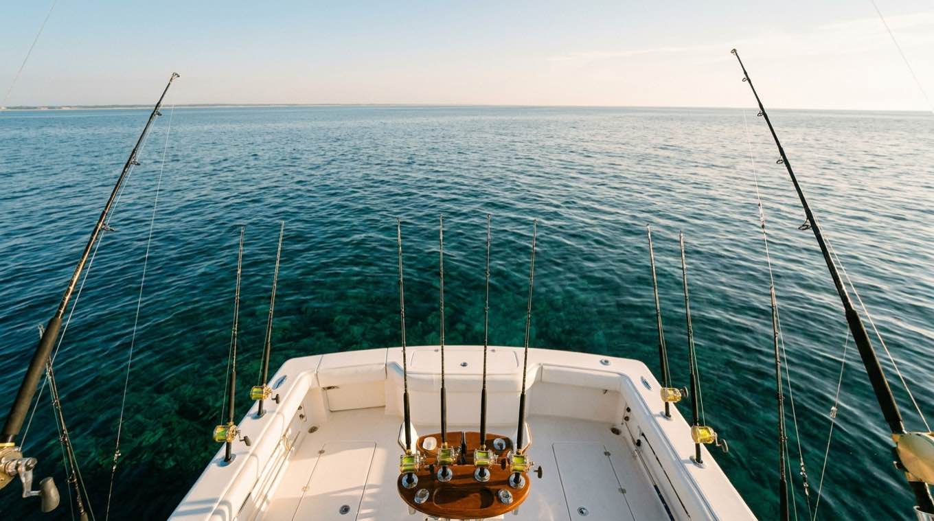 Rods staged in the rocket launcher of a sportfisher cockpit over clear green Gulf water