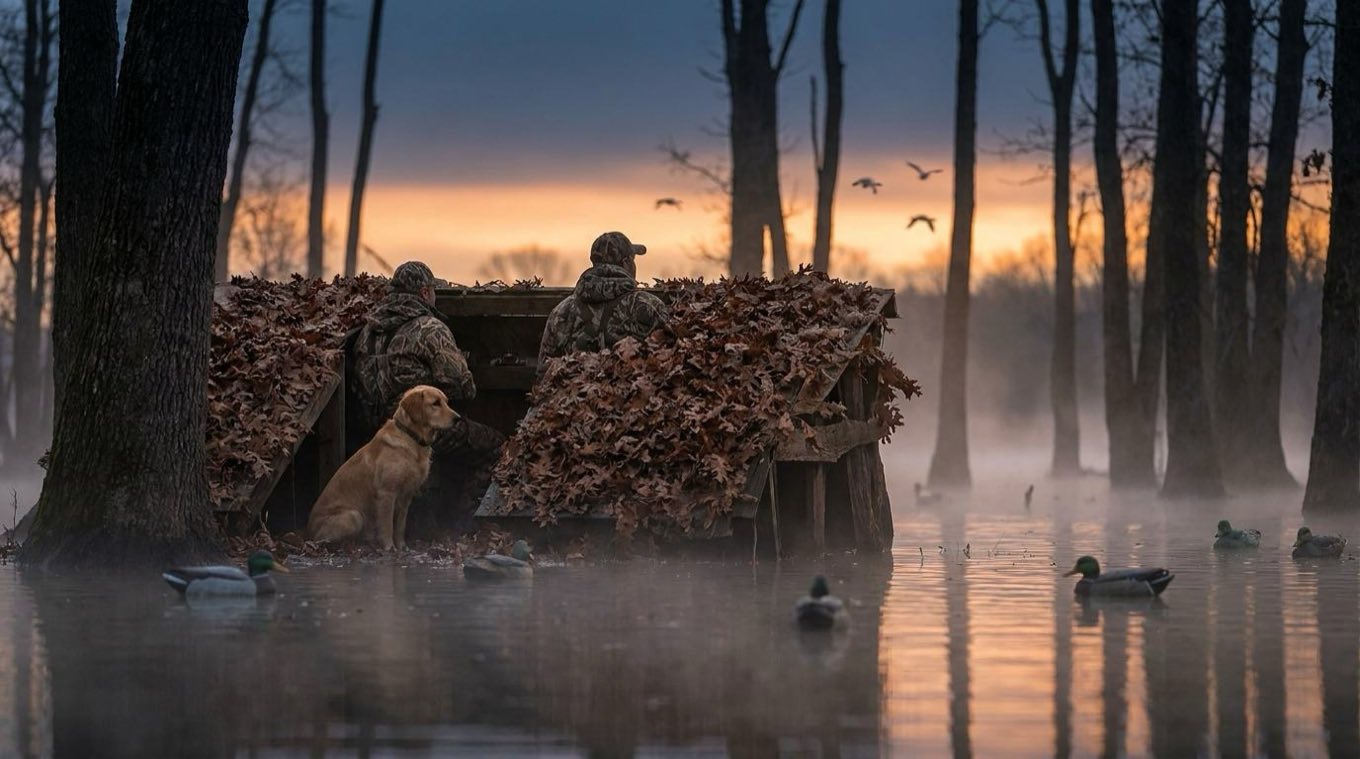 Two hunters and a yellow Lab at a brushed-in blind in flooded timber, decoys out and ducks working overhead at dawn