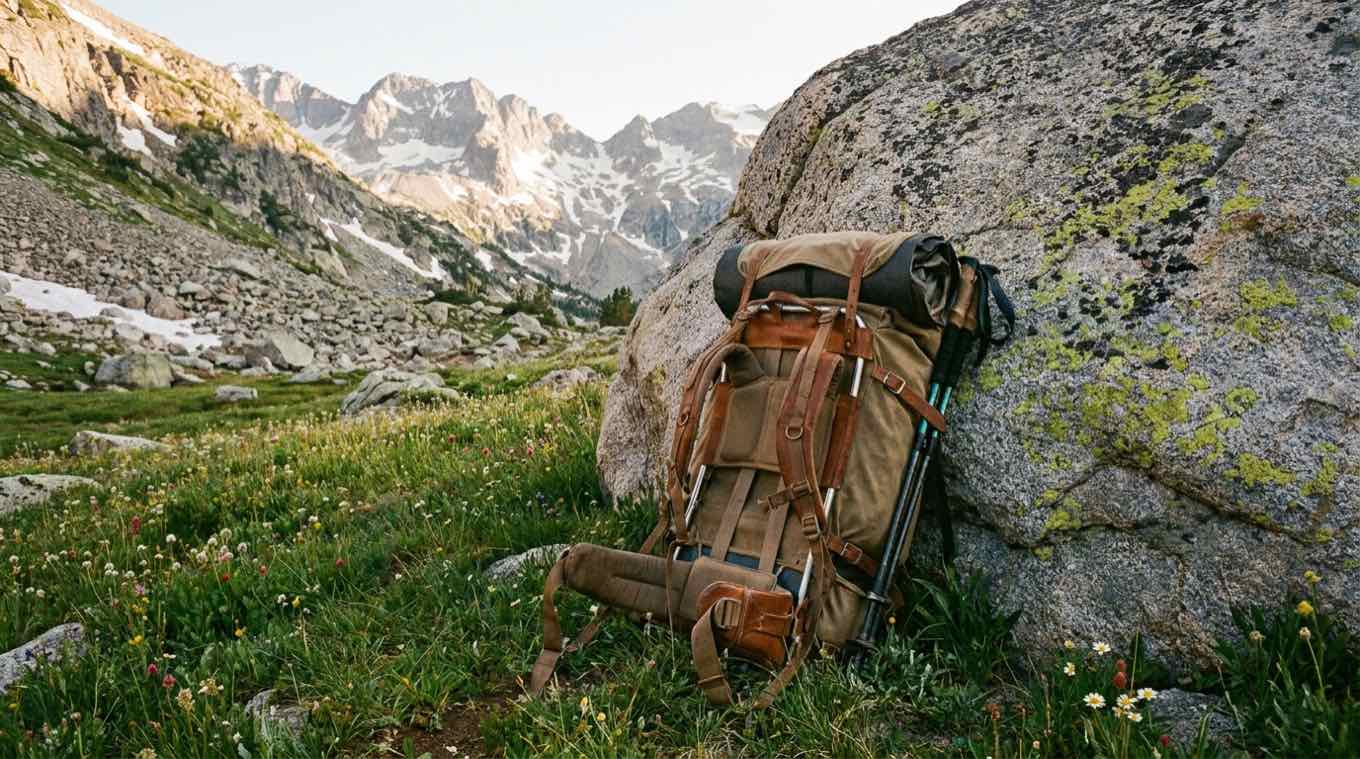 Canvas-and-leather frame pack with trekking poles leaned on a granite boulder in a wildflower alpine meadow