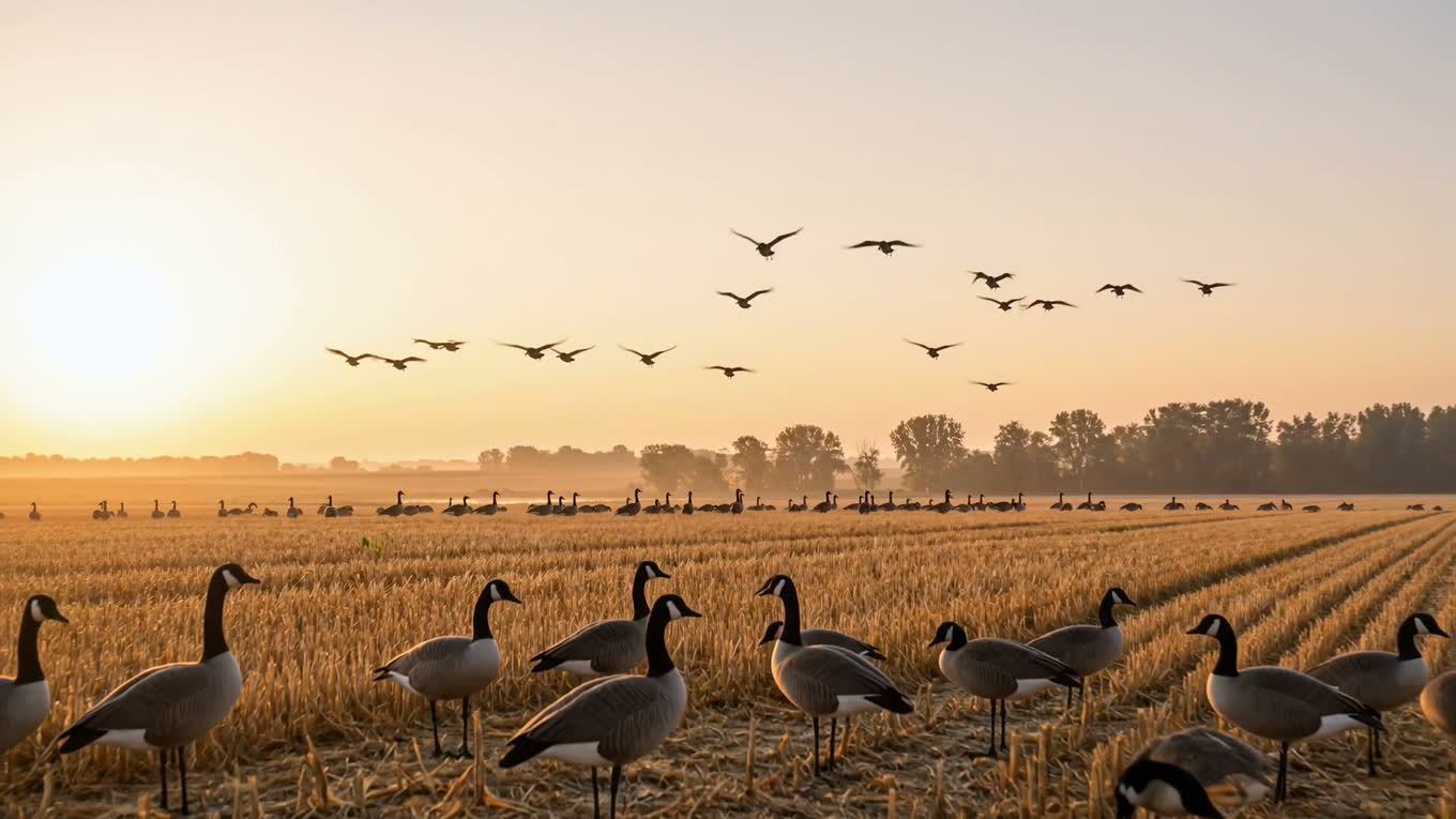 Canada goose decoy spread in a cut grain field at sunrise with geese working overhead