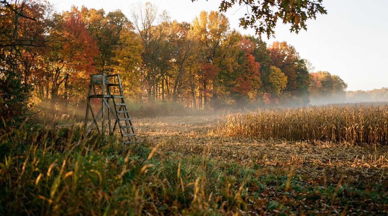 Wooden ladder stand at the edge of a cut cornfield, fall-color treeline and ground fog at first light