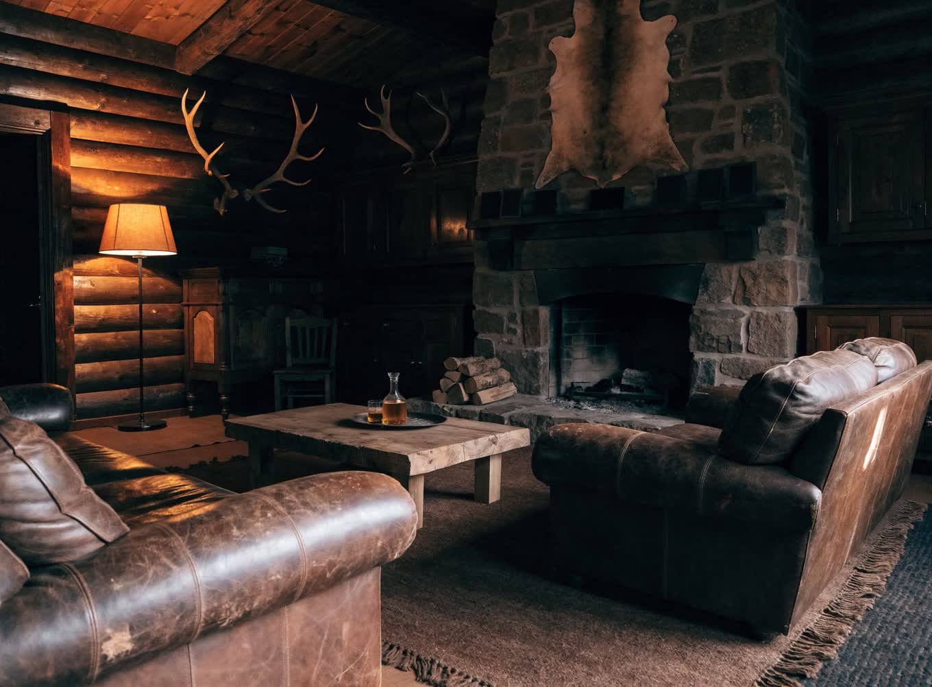 Lodge great room with leather chairs, a stone fireplace, and antlers on the log wall