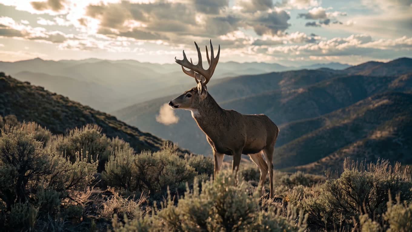 Heavy-antlered mule deer buck standing in sagebrush above a mountain valley