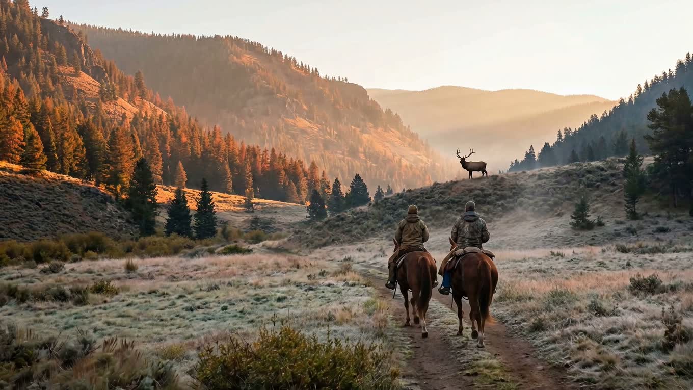 Guide and hunter riding horses up a frosted trail at sunrise, a bull elk on the ridge ahead
