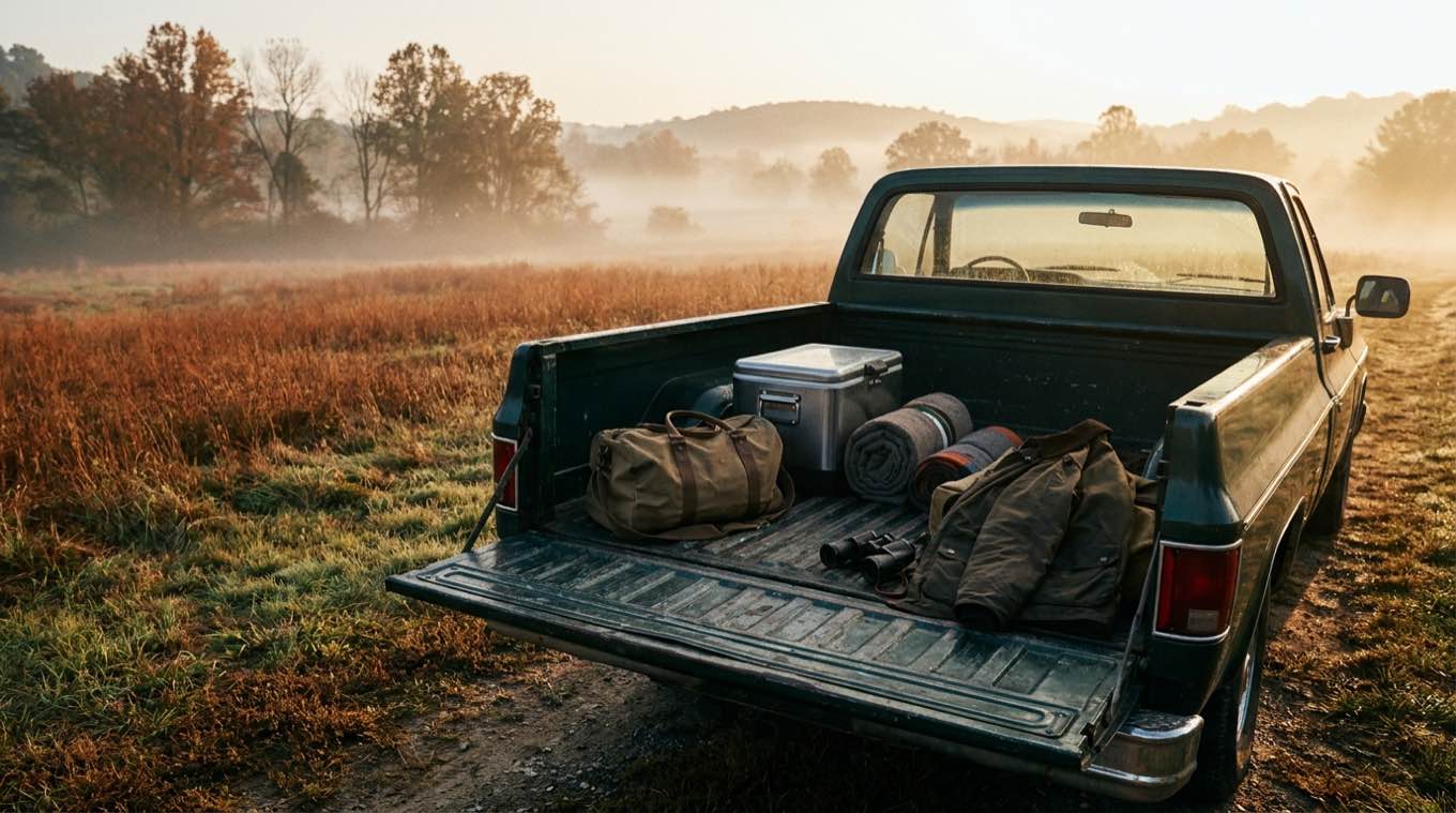 Open tailgate loaded with a duffel, cooler, bedroll, waxed jacket, and binoculars in a misty golden field