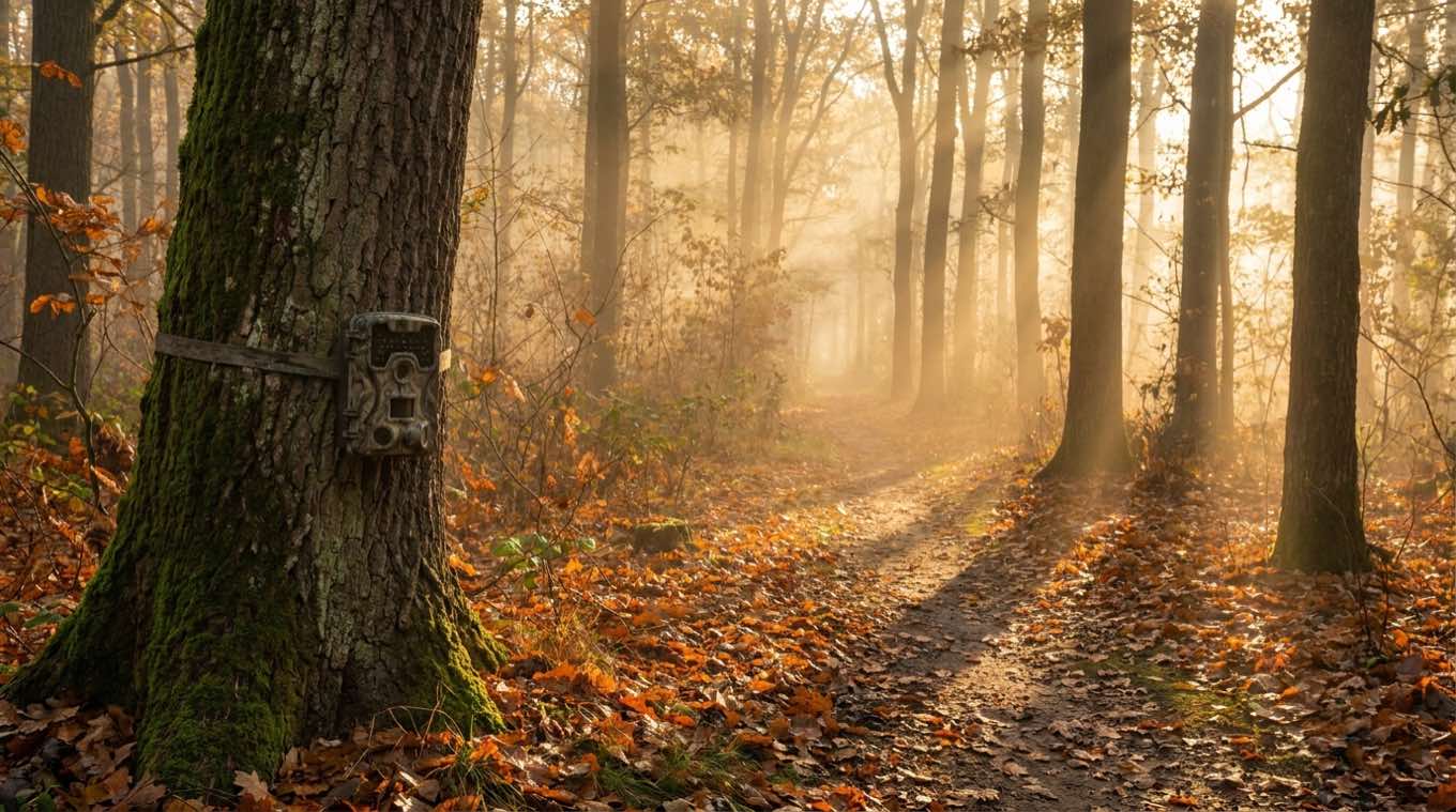 Trail camera strapped to a mossy oak overlooking a leaf-littered trail in foggy autumn sunbeams