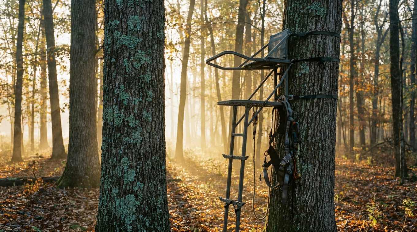 Hang-on stand, climbing sticks, and safety harness rigged on an oak in misty golden hardwoods