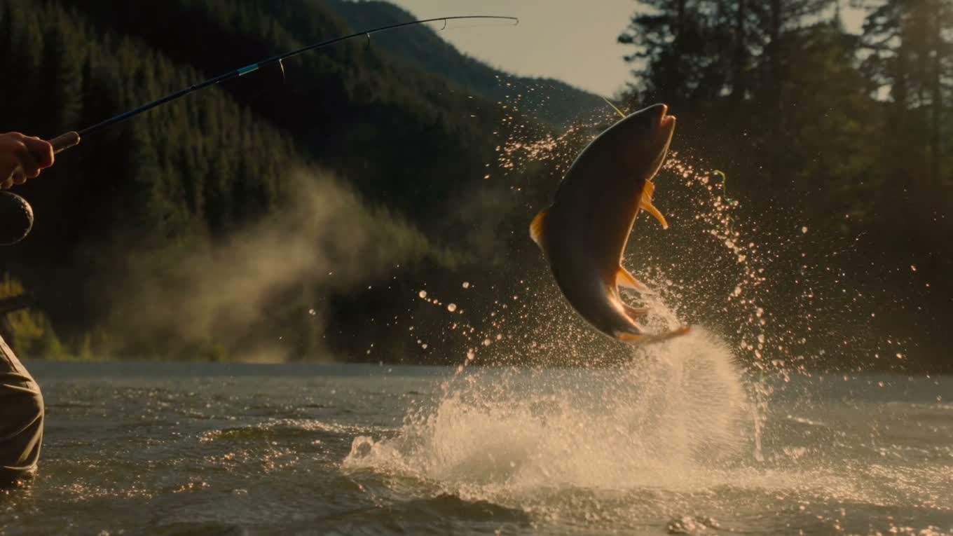 Trout leaping from the river in a spray of backlit water, rod bent against the mountain shade