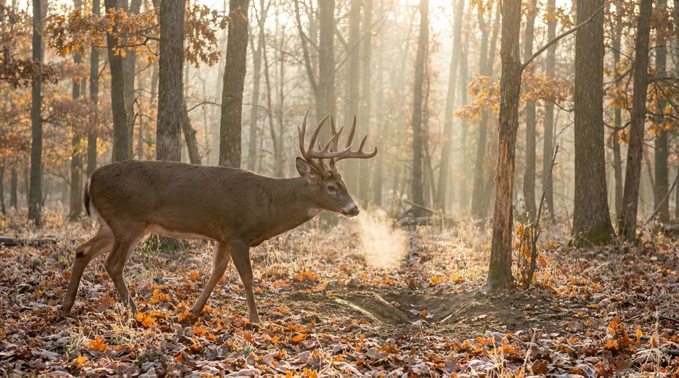 Mature whitetail buck walking through frosty backlit hardwoods, breath steaming