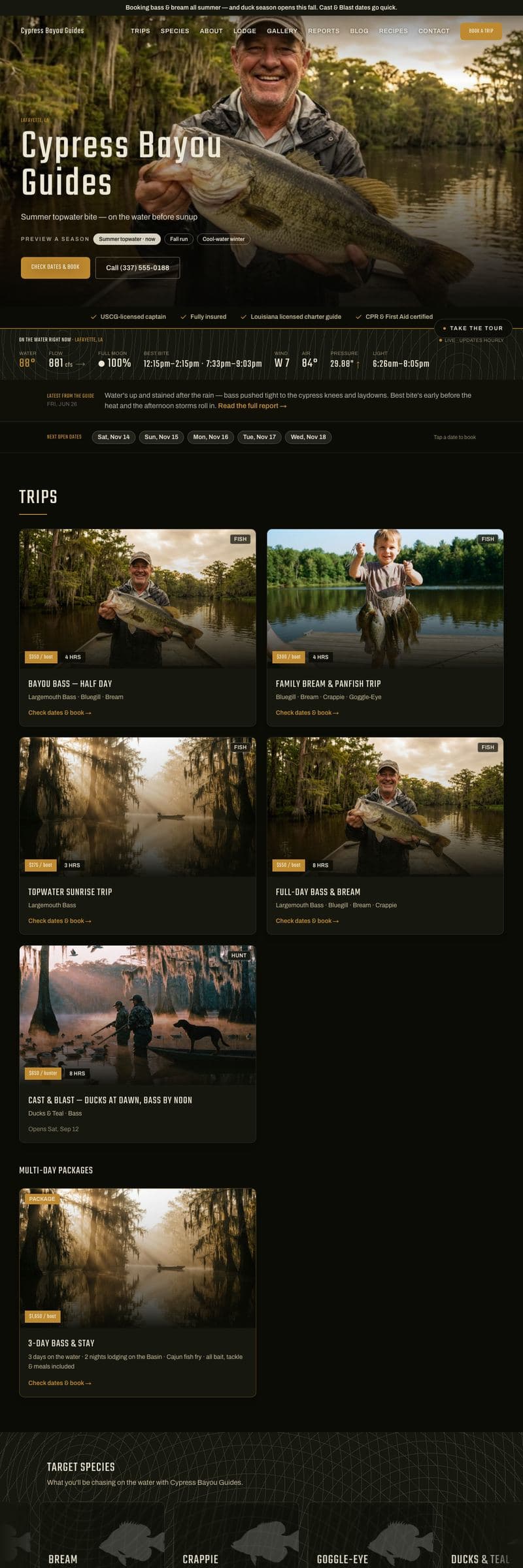 Full-page view of the Cypress Bayou Guides demo fishing charter site