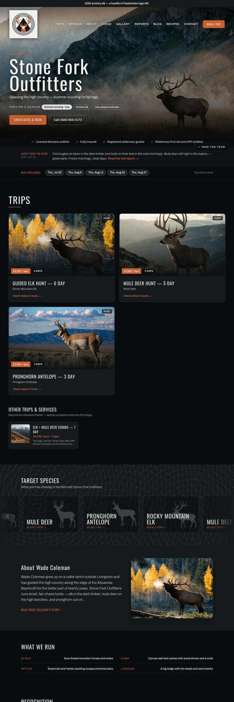 Full-page view of the Stone Fork Outfitters demo hunting outfitter site