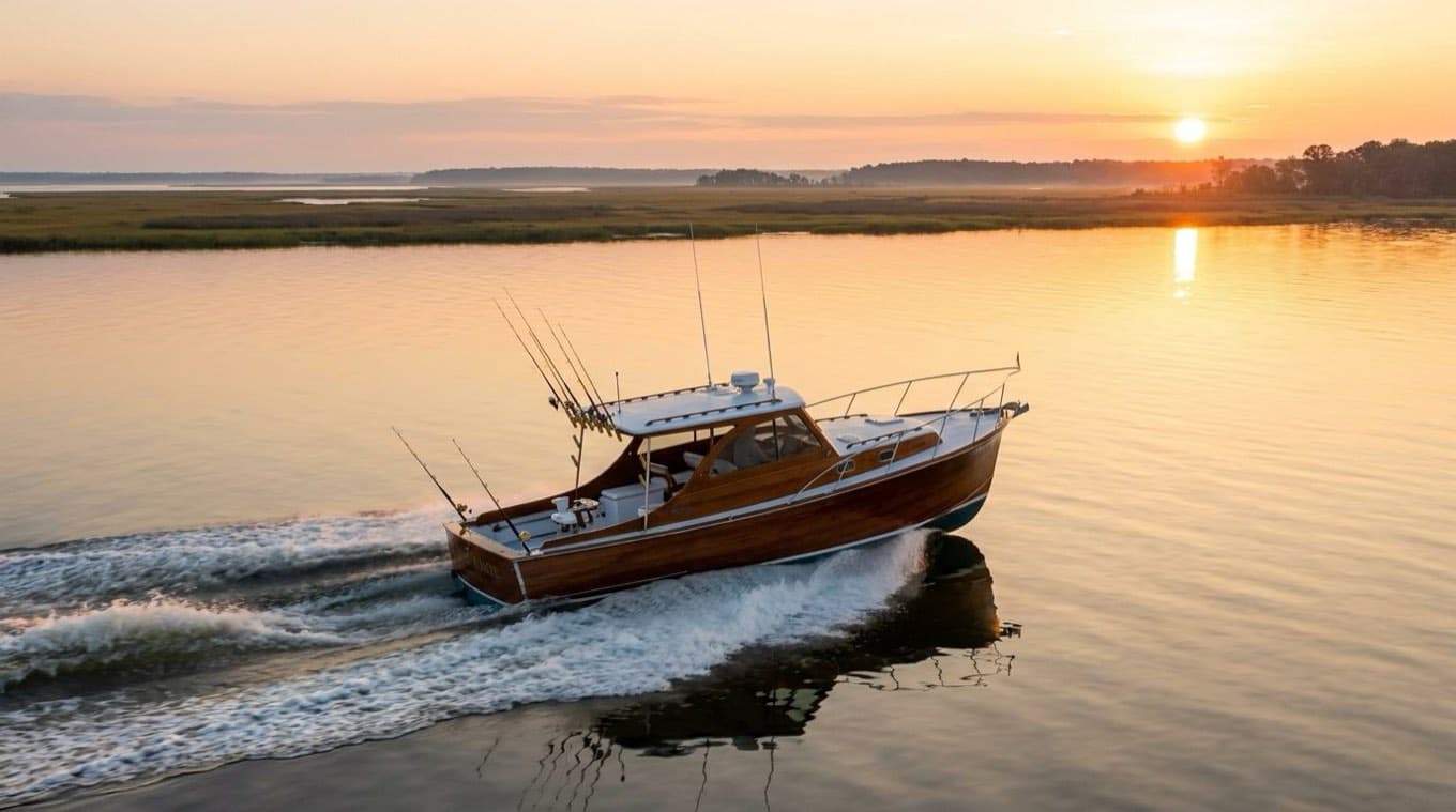 Classic varnished-wood charter boat running through marsh-lined water at sunrise, trolling rods up