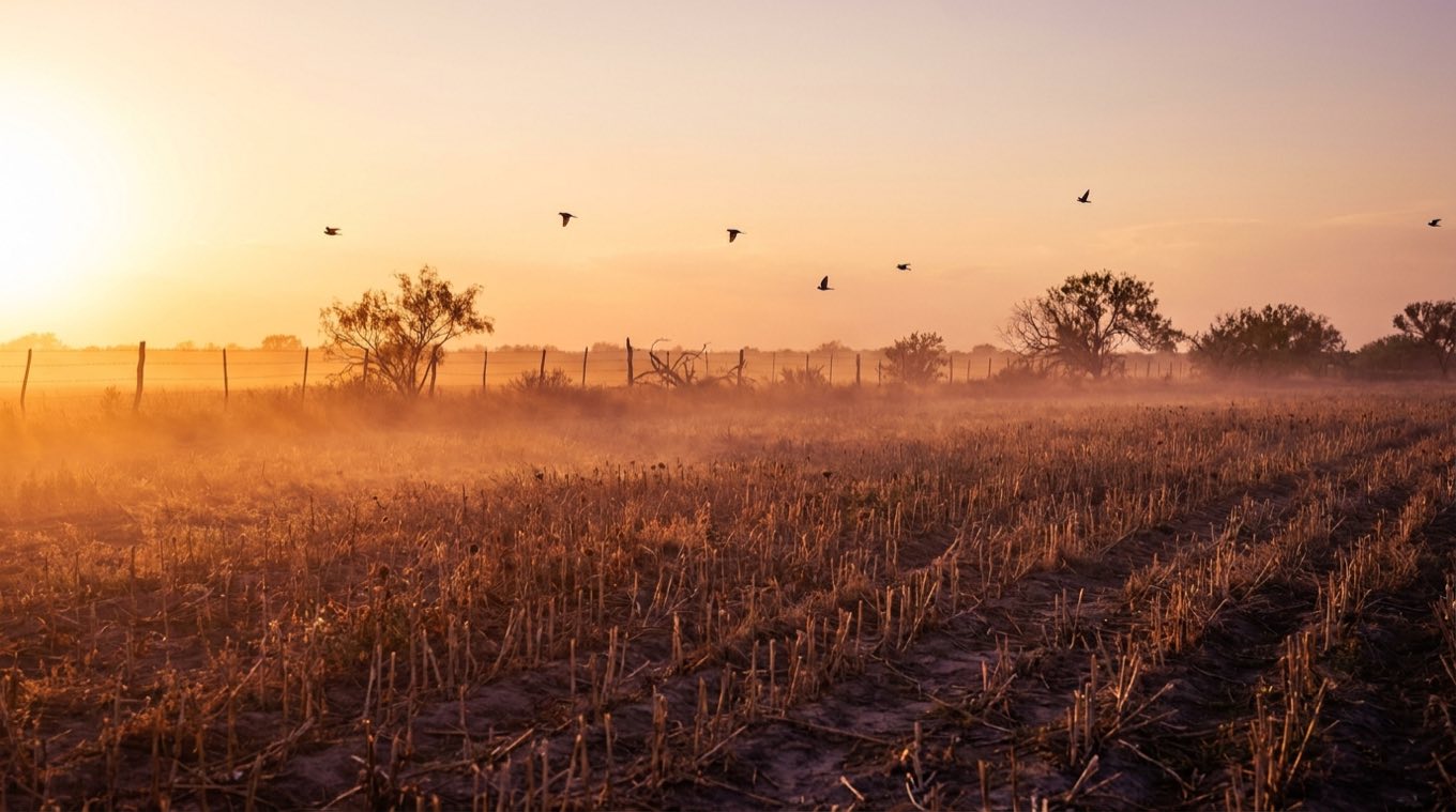 Doves crossing a dusty cut grain field at sunrise, fence line and mesquite in the golden haze