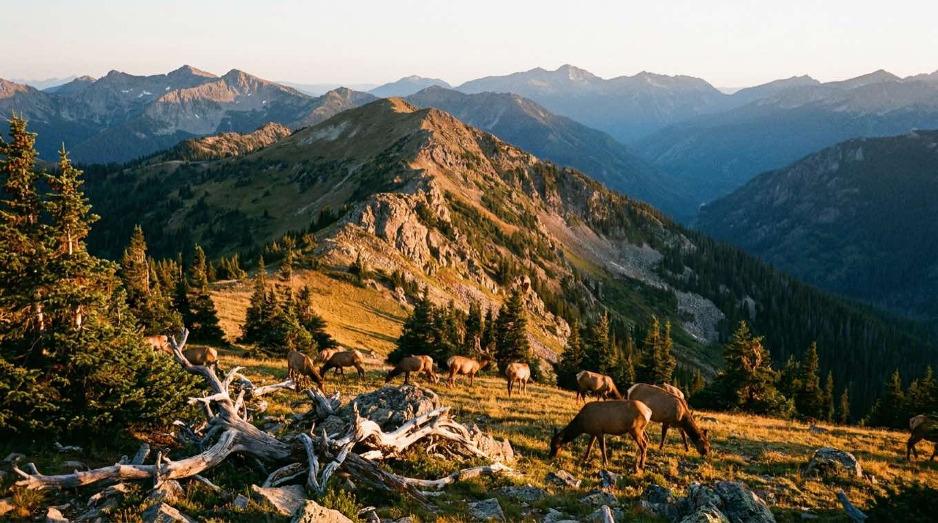 Elk herd grazing an alpine ridgeline meadow at golden hour with layered peaks behind