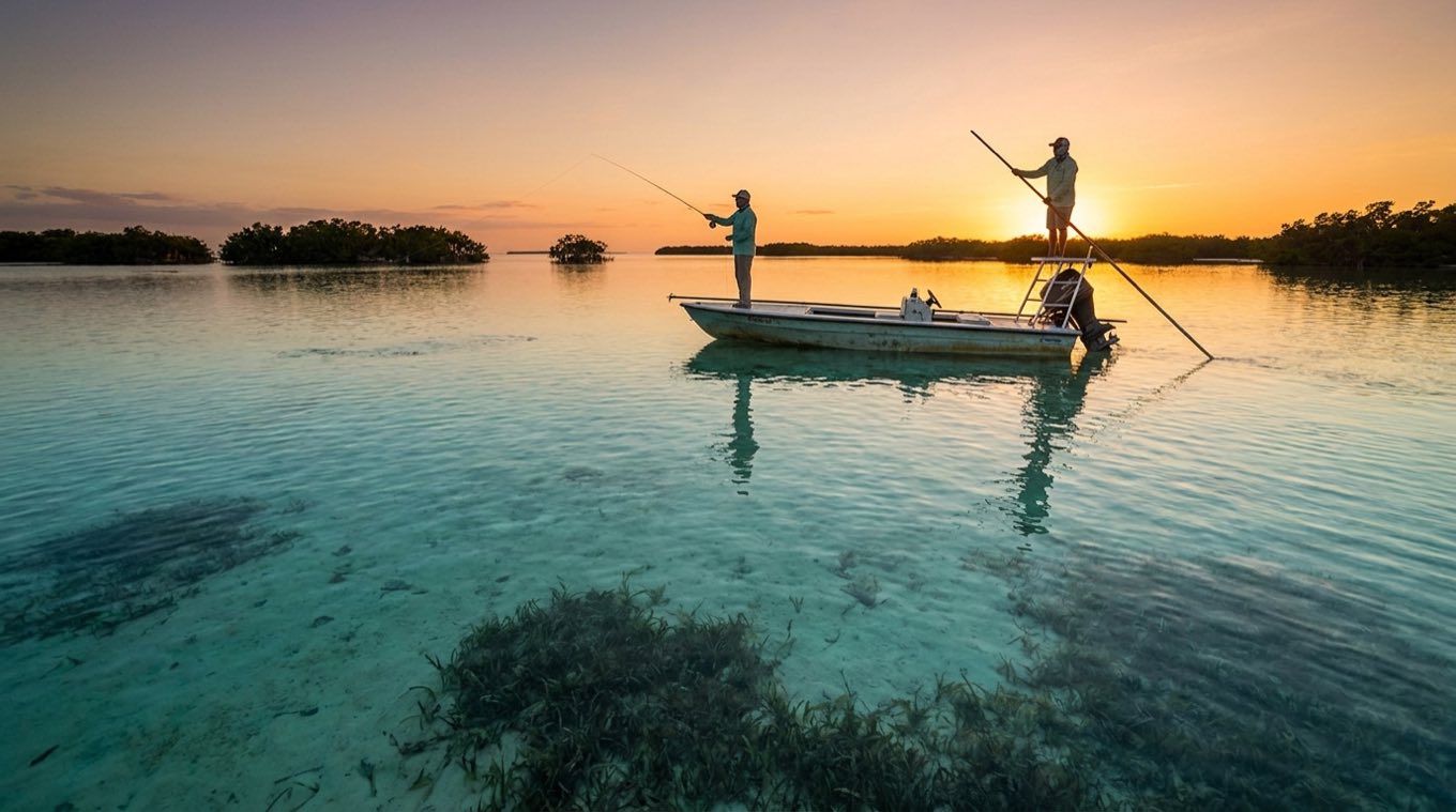 Flats skiff at sunset with an angler casting a fly from the bow while the guide poles from the platform