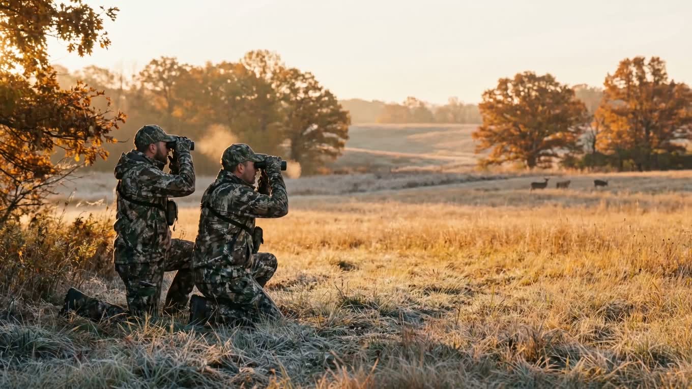 Guide and client kneeling in frosted grass, glassing deer at the far field edge through binoculars