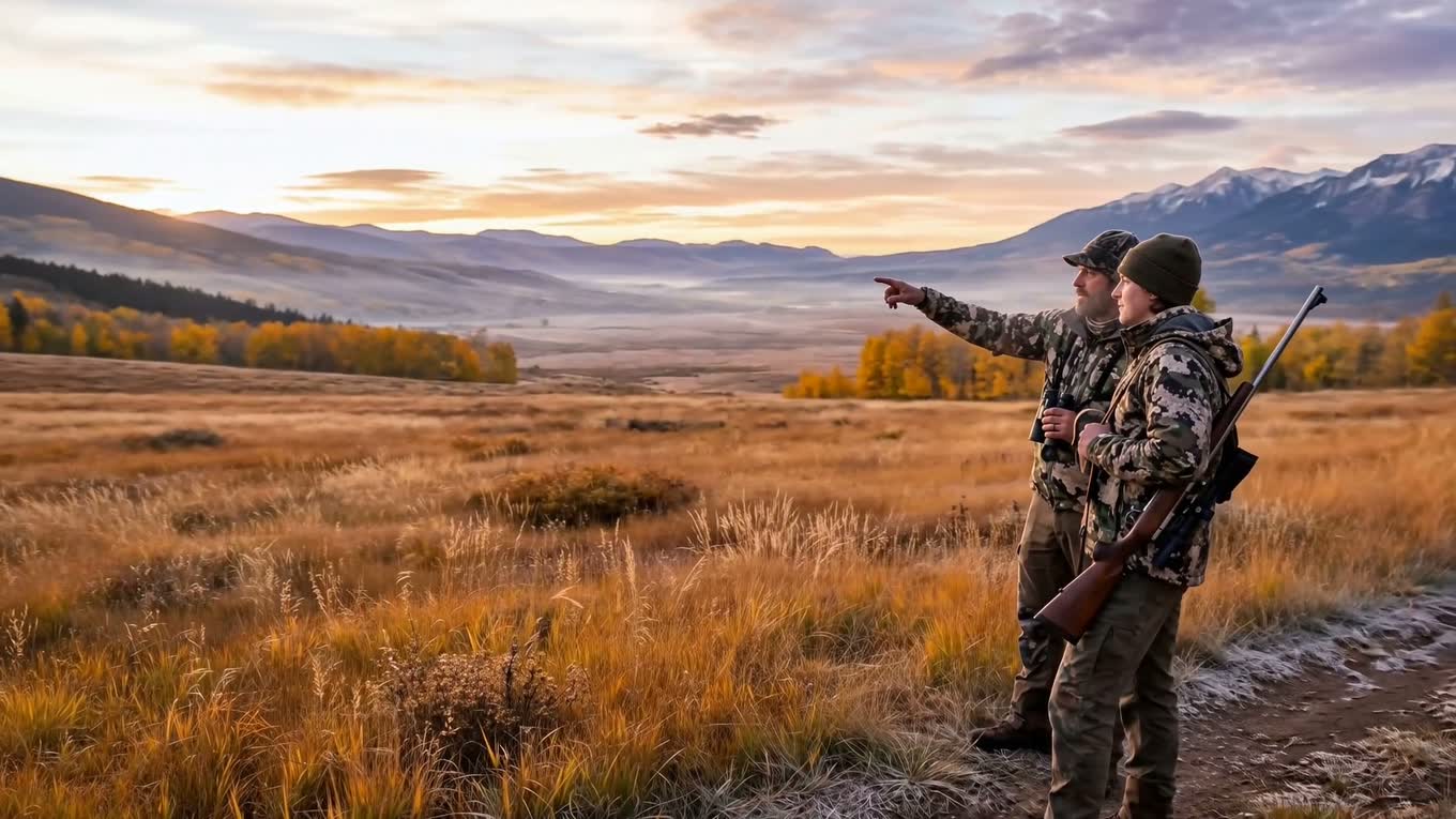 Guide pointing out distant country to a hunter at dawn, mountain valley opening below
