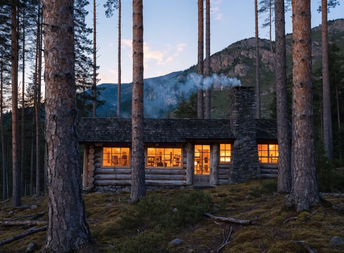 Log hunting lodge in the pines at dusk, windows glowing and woodstove smoke rising