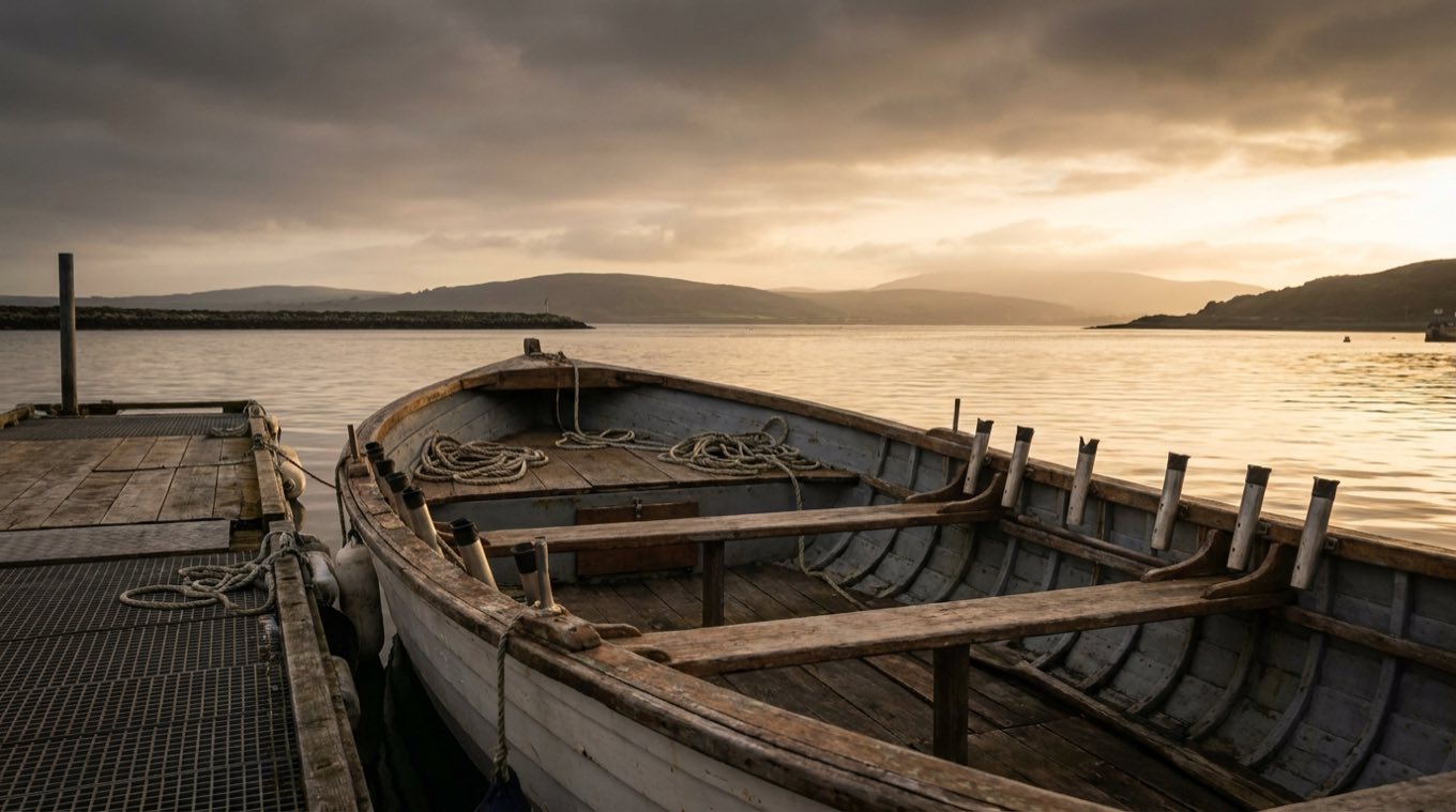 Empty wooden skiff tied at a dock under heavy storm clouds, lines coiled aboard