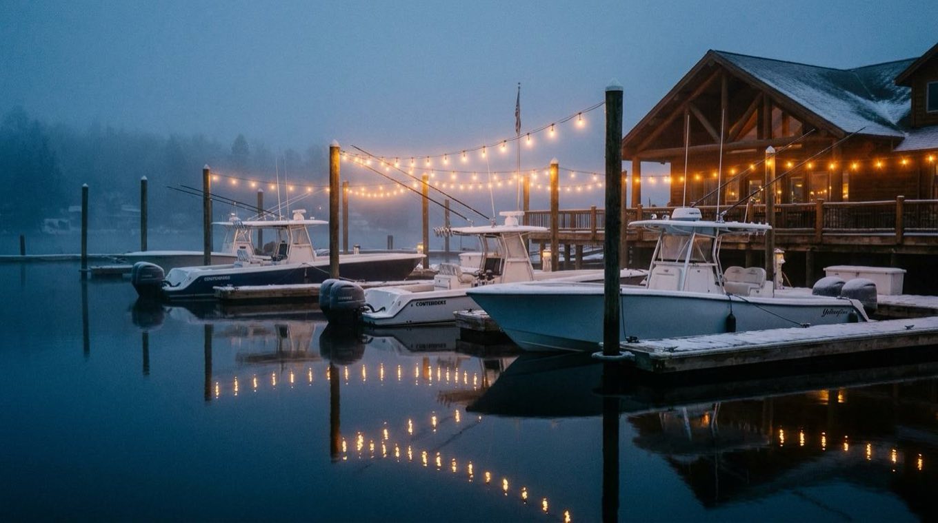 Snow-dusted marina at blue-hour dusk, center consoles under string lights beside a log lodge