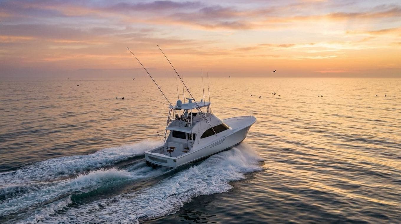 Sportfishing boat with outriggers running across open ocean at sunrise, seen from above