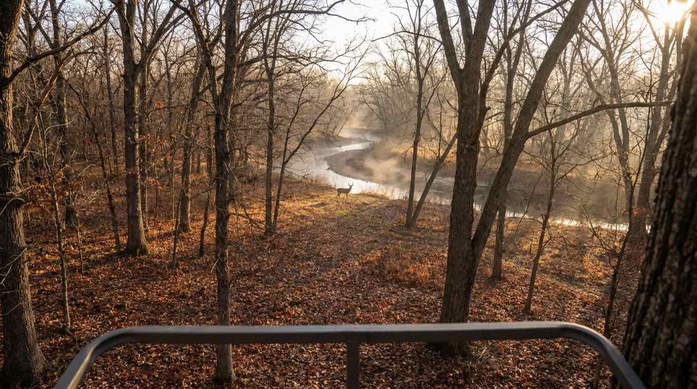 View over a stand rail into misty creek-bottom timber, a buck standing along the water at sunrise