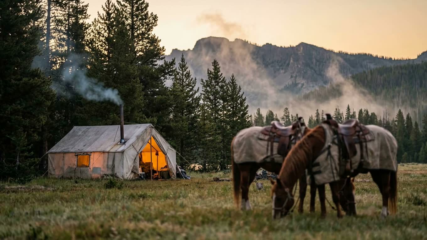 Canvas wall tent glowing at dawn in a mountain elk camp, two saddled horses grazing out front