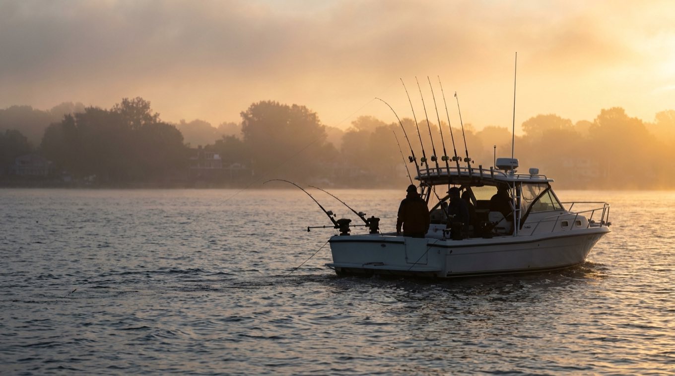 Trolling boat running a fanned rod spread in heavy sunrise mist, planer rods bent